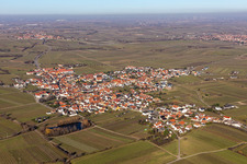 City view from the downtown area with the outskirts with adjacent agricultural fields in Kallstadt in the state Rhineland-Palatinate, Germany
