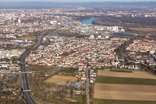 Aerial view of Town View of the streets and houses of the residential areas in the district Rheingoenheim in Ludwigshafen am Rhein in the state Rhineland-Palatinate, Germany