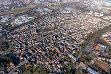 Agricultural land and field boundaries surround the settlement area of the village in Schuttern in the state Baden-Wuerttemberg, Germany