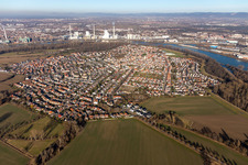 Town View of the streets and houses of the residential areas in Altrip in the state Rhineland-Palatinate from above