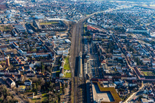 Aerial photograpy of Railroad station in Schwetzingen in the state Baden-Wuerttemberg, Germany
