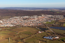 Aerial view of Town View of the streets and houses of the residential areas in Nussloch in the state Baden-Wuerttemberg, Germany