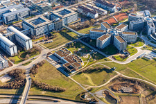 Aerial photograpy of Star-shaped office buildings of the SAP Deutschland SE & Co. KG at the forest edged in Walldorf in the state Baden-Wuerttemberg