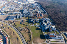 Star-shaped office buildings of the SAP Deutschland SE & Co. KG at the forest edged in Walldorf in the state Baden-Wuerttemberg out of the air