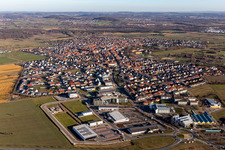 Aerial view of Village view on the edge of agricultural fields and land in the district Rot in Sankt Leon-Rot in the state Baden-Wuerttemberg, Germany