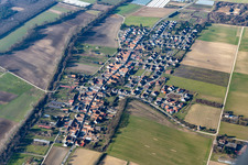 Aerial photograpy of Village - view on the edge of agricultural fields and farmland in Herxheimweyher in the state Rhineland-Palatinate, Germany