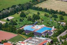 Aerial view of Queichtal outdoor pool in Offenbach an der Queich in the state Rhineland-Palatinate, Germany