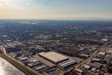 Aerial view of Auestraße industrial area, Lidl Commerce warehouse in the district Ludwigshof in Speyer in the state Rhineland-Palatinate, Germany
