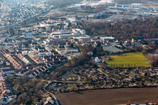Aerial view of Allotment gardens and sports field at the Kuhweide in Speyer in the state Rhineland-Palatinate, Germany