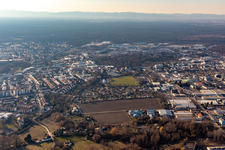 Aerial photograpy of Allotment gardens and sports field at the Kuhweide in Speyer in the state Rhineland-Palatinate, Germany