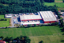 Aerial view of Hornbach Logistics Center in the district Dreihof in Essingen in the state Rhineland-Palatinate, Germany