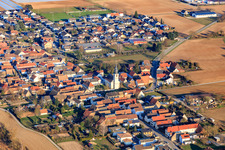 Village view from the west with Protestant church in Freisbach in the state Rhineland-Palatinate, Germany