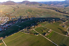 Chapel "Kleine Kalmit" in the nature reserve Kleine Kalmit on Easter morning with spring blossom in Ilbesheim bei Landau in the state Rhineland-Palatinate, Germany from above
