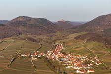 Aerial view of Village - view on the edge of wine yards in the spring before the Trifels in Birkweiler in the state Rhineland-Palatinate