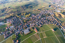 Aerial photograpy of Building complex of the Institute Julius Kuehn Rebforschungsanstalt Geilweilerhof mit bluehenden Mandelbaeumen in Siebeldingen in the state Rhineland-Palatinate, Germany