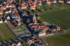 Church building of Catholic parish church of the Visitation of Mary, the wine house Vinothek Messmer, Ritterhof zur Rose in Burrweiler in the state Rhineland-Palatinate, Germany