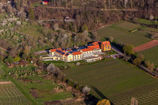 Aerial view of Complex of the hotel building Wohlfuehlhotel Alte Rebschule and Gasthaus Sesel in springtime in Rhodt unter Rietburg in the state Rhineland-Palatinate, Germany