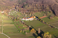 Aerial photograpy of Complex of the hotel building Wohlfuehlhotel Alte Rebschule and Gasthaus Sesel in springtime in Rhodt unter Rietburg in the state Rhineland-Palatinate, Germany