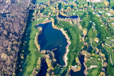 Blooming trees in the spring on the grounds of the Golf course at Landgut Dreihof GOLF absolute in Essingen in the state Rhineland-Palatinate out of the air
