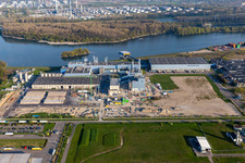 Construction of the new gas- hydrogen-power plant at paer mill Papierfabrik Palm GmbH & Co. KG in the district Industriegebiet Woerth-Oberwald in Woerth am Rhein in the state Rhineland-Palatinate seen from a drone