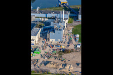 Aerial view of Construction of the new gas- hydrogen-power plant at paer mill Papierfabrik Palm GmbH & Co. KG in the district Industriegebiet Woerth-Oberwald in Woerth am Rhein in the state Rhineland-Palatinate