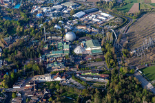 Aerial view of Eurosat CanCan Coaster in the locked down Leisure-Park Europa Park in Rust in the state Baden-Wuerttemberg, Germany