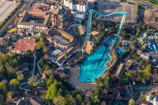 Aerial view of Atlantica Super Splash roller coaster at the Spanish Arena in the locked down Leisure-Park Europa Park in Rust in the state Baden-Wuerttemberg, Germany