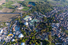 Aerial photograpy of Eurosat CanCan Coaster in the locked down Leisure-Park Europa Park in Rust in the state Baden-Wuerttemberg, Germany
