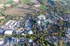 Oblique view of Eurosat CanCan Coaster in the locked down Leisure-Park Europa Park in Rust in the state Baden-Wuerttemberg, Germany
