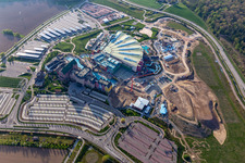Aerial view of Extension construction site for the Water park "Rulantica" and museum hotel Kronasar on the grounds of the locked down amusement park "Europapark" in Rust in the state of Baden-Wuerttemberg, Germany