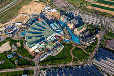 Aerial photograpy of Extension construction site for the Water park "Rulantica" and museum hotel Kronasar on the grounds of the locked down amusement park "Europapark" in Rust in the state of Baden-Wuerttemberg, Germany