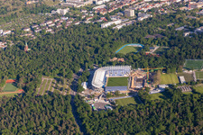 Drone recording of Extension and conversion site on the sports ground of the stadium " Wildparkstadion " in Karlsruhe in the state Baden-Wurttemberg, Germany