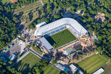Extension and conversion site on the sports ground of the stadium " Wildparkstadion " in Karlsruhe in the state Baden-Wurttemberg, Germany from the drone perspective
