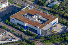 Oblique view of Building store - furniture market of " IKEA Deutschland GmbH & Co. KG " on Gerwigstrasse - Weinweg - Durlacher Allee in Karlsruhe in the state Baden-Wurttemberg, Germany