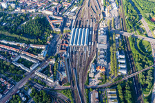 Aerial view of Track progress and building of the main station of the railway in the district Suedweststadt in Karlsruhe in the state Baden-Wurttemberg, Germany