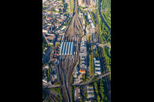 Aerial photograpy of Track progress and building of the main station of the railway in the district Suedweststadt in Karlsruhe in the state Baden-Wurttemberg, Germany