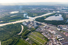 Aerial view of EnBW hard coal-fired power plant on the Rhine in the district Daxlanden in Karlsruhe in the state Baden-Wuerttemberg, Germany