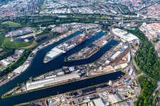 Overview of Karlsruhe's Rhine ports in the district Mühlburg in Karlsruhe in the state Baden-Wuerttemberg, Germany