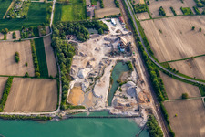 Aerial view of HBM Hagenbacher Bau Mineralstoffe quarry lake in Hagenbach in the state Rhineland-Palatinate, Germany
