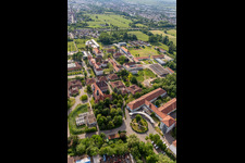 Aerial view of Building of the retirement home Caritas Foerderzentrum St. Laurentius and Paulus and of the Jugendwerk St. Josef in the district Queichheim in Landau in der Pfalz in the state Rhineland-Palatinate, Germany