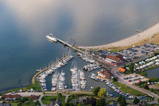 Aerial view of Marina with boat moorings on the shore area Langballigau in Langballig in Schleswig-Holstein