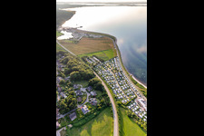 Aerial view of Camping with caravans and tents at the Baltic beach in Langballigholz in Schleswig-Holstein