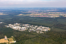 Aerial view of KIT Campus North from the southwest in the district Leopoldshafen in Eggenstein-Leopoldshafen in the state Baden-Wuerttemberg, Germany