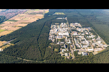Aerial view of KIT Campus North from the South in the district Leopoldshafen in Eggenstein-Leopoldshafen in the state Baden-Wuerttemberg, Germany