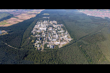 Aerial view of KIT Campus North from the South in the district Neureut in Karlsruhe in the state Baden-Wuerttemberg, Germany