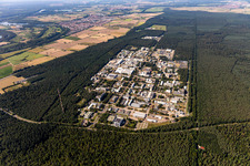 Research building and office complex of KIT Campus North (former Kernforschungszentrum Karlsruhe) in the district Leopoldshafen in Eggenstein-Leopoldshafen in the state Baden-Wuerttemberg from above