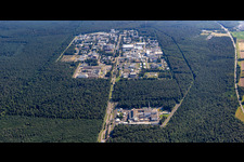 Research building and office complex of KIT Campus North (former Kernforschungszentrum Karlsruhe) in the district Leopoldshafen in Eggenstein-Leopoldshafen in the state Baden-Wuerttemberg seen from above