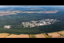 Bird's eye view of Research building and office complex of KIT Campus North (former Kernforschungszentrum Karlsruhe) in the district Leopoldshafen in Eggenstein-Leopoldshafen in the state Baden-Wuerttemberg