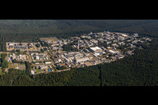 Research building and office complex of KIT Campus North (former Kernforschungszentrum Karlsruhe) in the district Leopoldshafen in Eggenstein-Leopoldshafen in the state Baden-Wuerttemberg viewn from the air