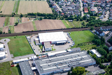 Aerial view of Siemensstrasse industrial area with Hartmann & König Stromzuführungs AG and HeKa Fenster and in the district Neudorf in Graben-Neudorf in the state Baden-Wuerttemberg, Germany